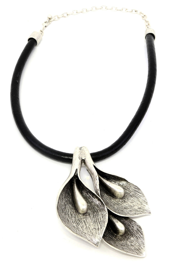 Calla Lily Necklace - Handmade, Unique Design, Silver Plated, Hypoallergenic Jewelry, Black Leather Cord, Suitable For Sensitive Skin,Perfect Gift For Her